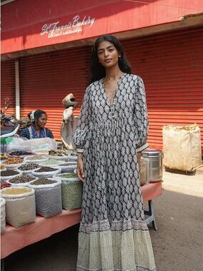 Daughters of India Grey Patterned Maxi Dress with Cream Hem